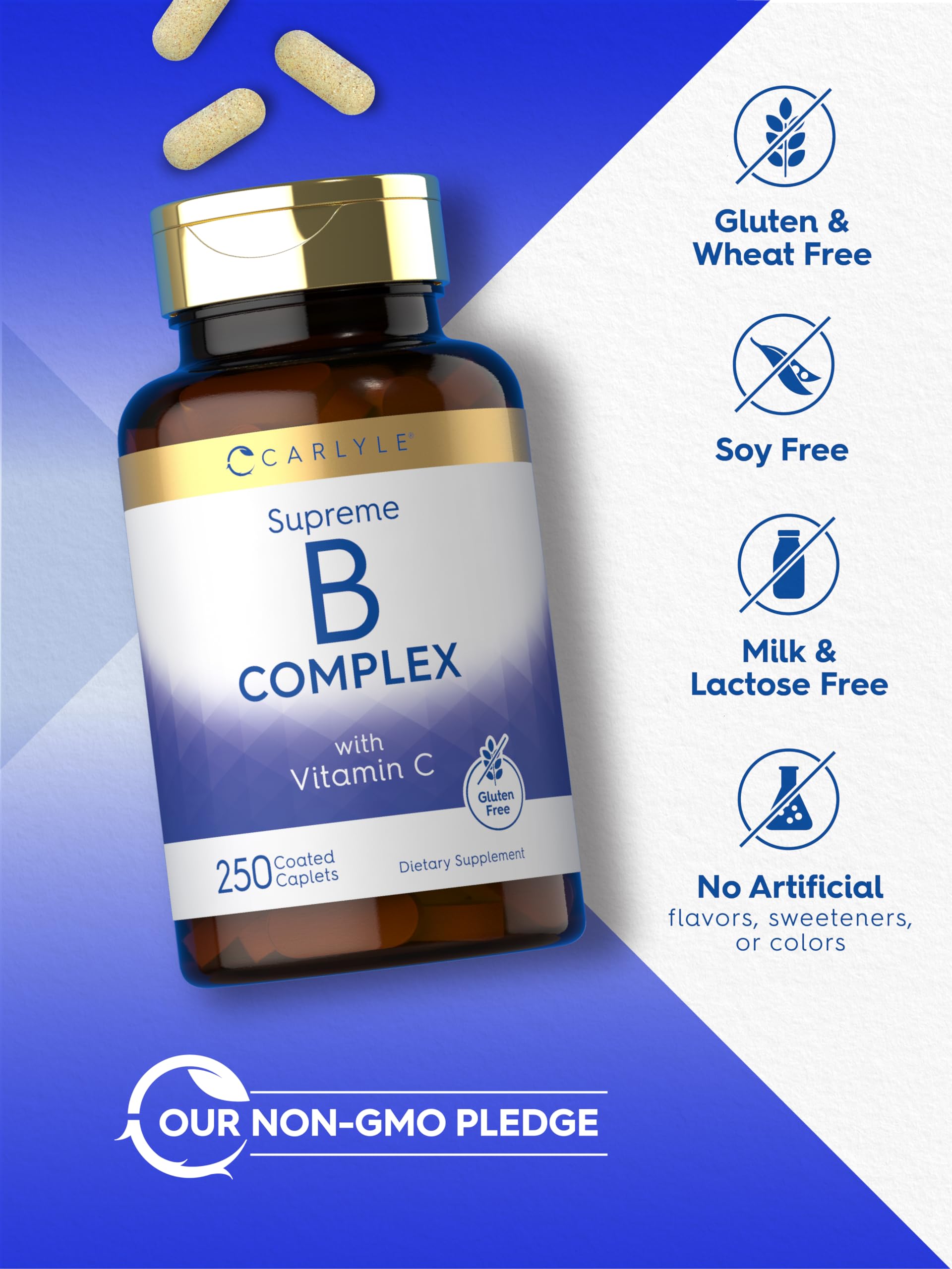 Carlyle Vitamin B Complex Plus Vitamin C | 250 Caplets | Vegetarian, Non-GMO and Gluten Free Supplement